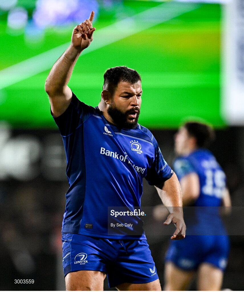 29 November 2024; Rabah Slimani of Leinster during the United Rugby Championship match between Ulster and Leinster at Kingspan Stadium in Belfast. Photo by Seb Daly/Sportsfile