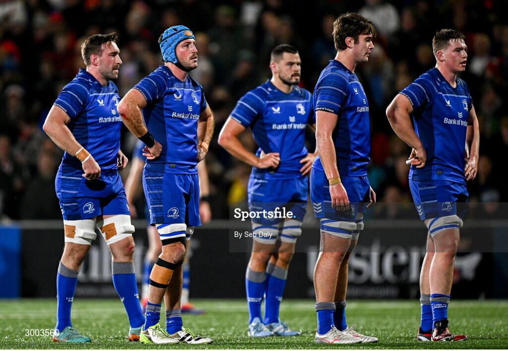 29 November 2024; Leinster players, from left, Jack Conan, Will Connors, Max Deegan, Brian Deeny and Diarmuid Mangan during the United Rugby Championship match between Ulster and Leinster at Kingspan Stadium in Belfast. Photo by Seb Daly/Sportsfile