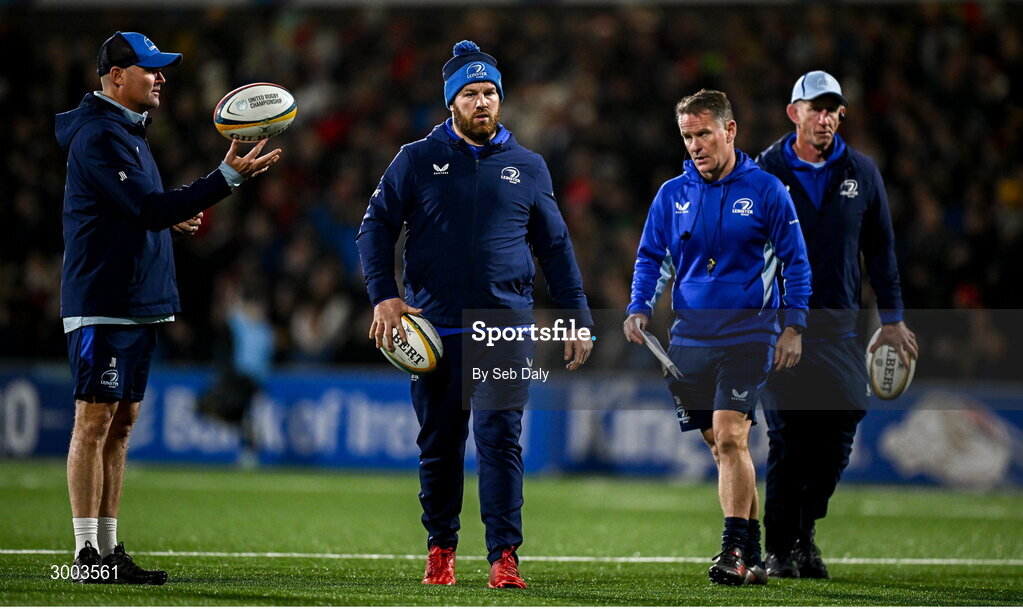 29 November 2024; Leinster coaches, from left, senior coach Jacques Nienaber, contact skills coach Sean O'Brien, head of athletic performance Charlie Higgins, and head coach Leo Cullen before the United Rugby Championship match between Ulster and Leinster at Kingspan Stadium in Belfast. Photo by Seb Daly/Sportsfile