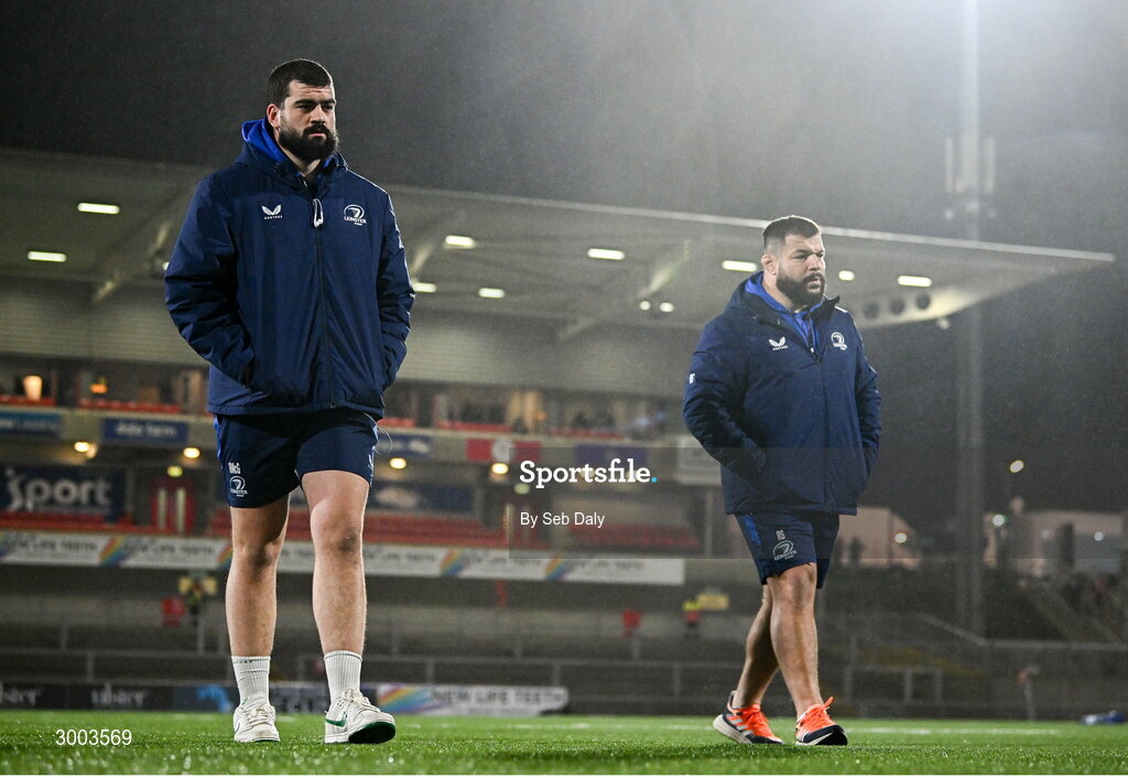 29 November 2024; Leinster players Rory McGuire, left, and Rabah Slimani before the United Rugby Championship match between Ulster and Leinster at Kingspan Stadium in Belfast. Photo by Seb Daly/Sportsfile