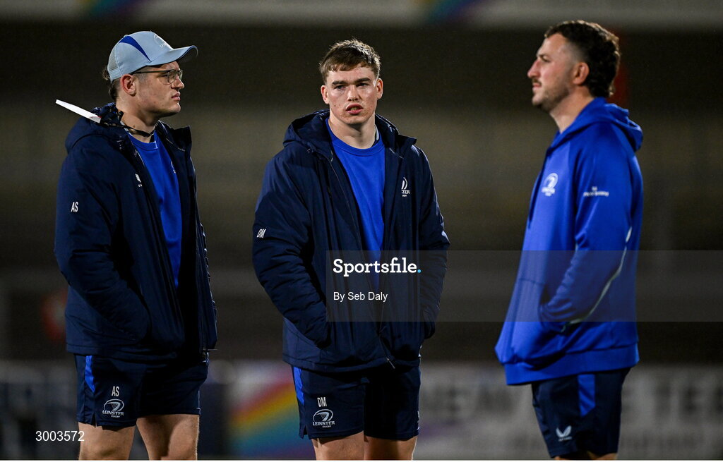 29 November 2024; Leinster players, from left, Alex Soroka, Diarmuid Mangan and Will Connors before the United Rugby Championship match between Ulster and Leinster at Kingspan Stadium in Belfast. Photo by Seb Daly/Sportsfile