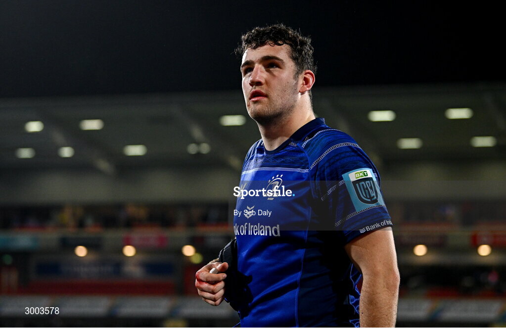 29 November 2024; James Culhane of Leinster after the United Rugby Championship match between Ulster and Leinster at Kingspan Stadium in Belfast. Photo by Seb Daly/Sportsfile