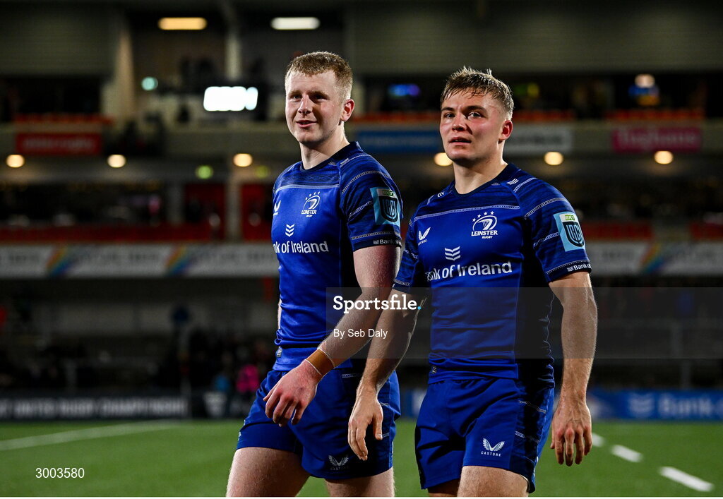 29 November 2024; Leinster players Andrew Osborne, left, and Fintan Gunne after the United Rugby Championship match between Ulster and Leinster at Kingspan Stadium in Belfast. Photo by Seb Daly/Sportsfile