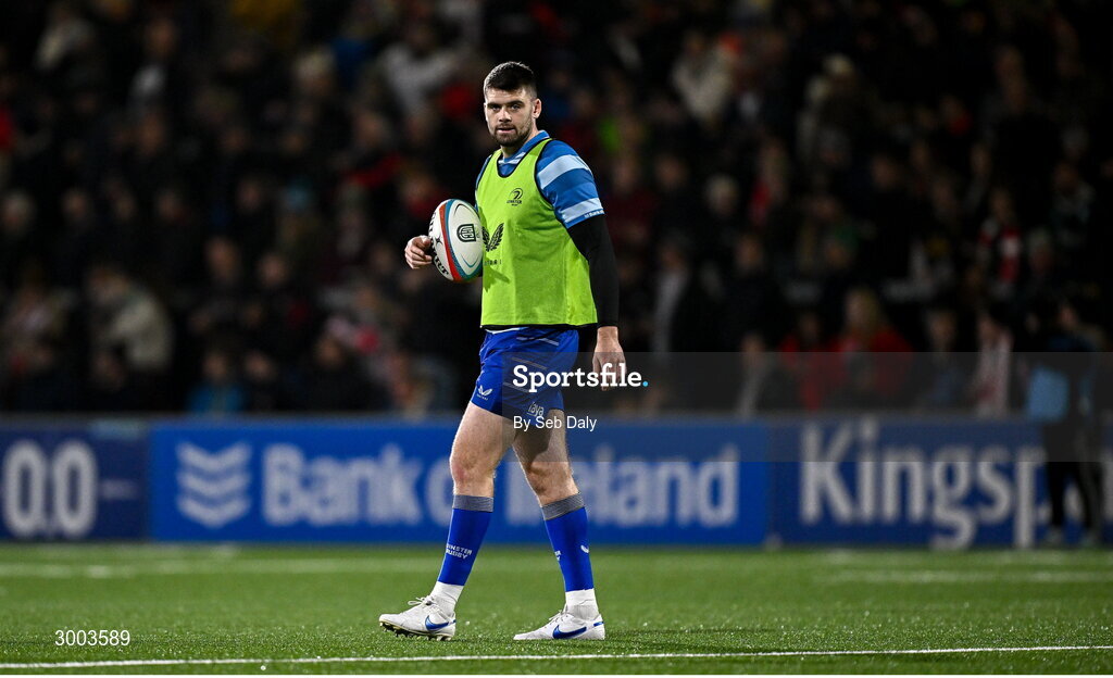 29 November 2024; Harry Byrne of Leinster before the United Rugby Championship match between Ulster and Leinster at Kingspan Stadium in Belfast. Photo by Seb Daly/Sportsfile