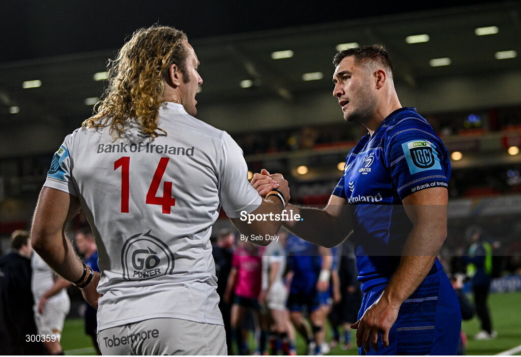 29 November 2024; Jordan Larmour of Leinster, right, and Werner Kok of Ulster after the United Rugby Championship match between Ulster and Leinster at Kingspan Stadium in Belfast. Photo by Seb Daly/Sportsfile