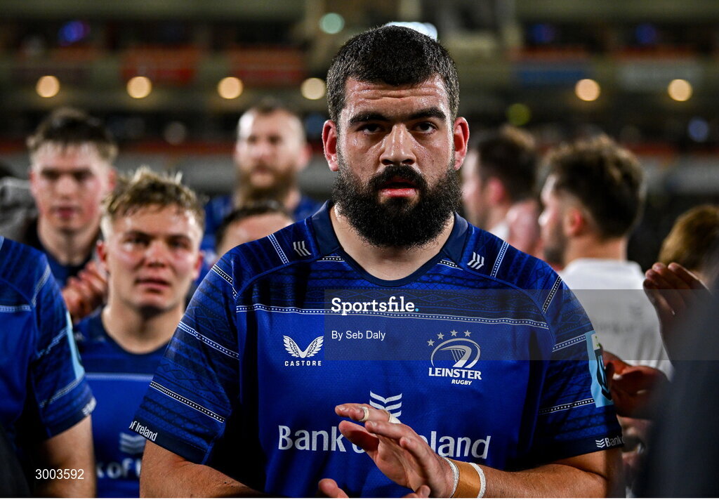 29 November 2024; Rory McGuire of Leinster after the United Rugby Championship match between Ulster and Leinster at Kingspan Stadium in Belfast. Photo by Seb Daly/Sportsfile