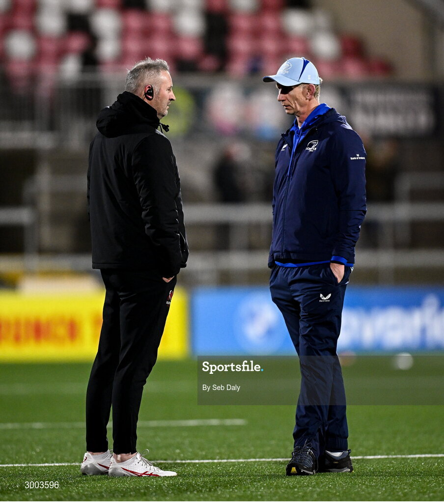 29 November 2024; Leinster head coach Leo Cullen, right, and Ulster assistant coach Dan Soper before the United Rugby Championship match between Ulster and Leinster at Kingspan Stadium in Belfast. Photo by Seb Daly/Sportsfile