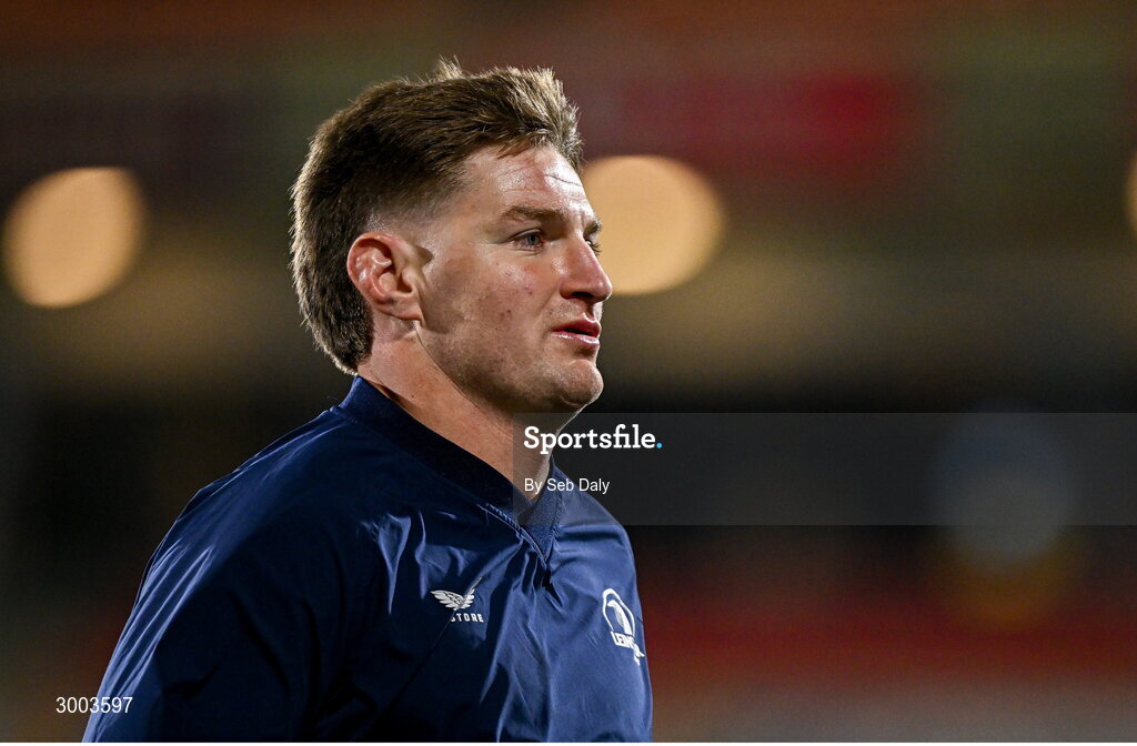 29 November 2024; Jordie Barrett of Leinster before the United Rugby Championship match between Ulster and Leinster at Kingspan Stadium in Belfast. Photo by Seb Daly/Sportsfile