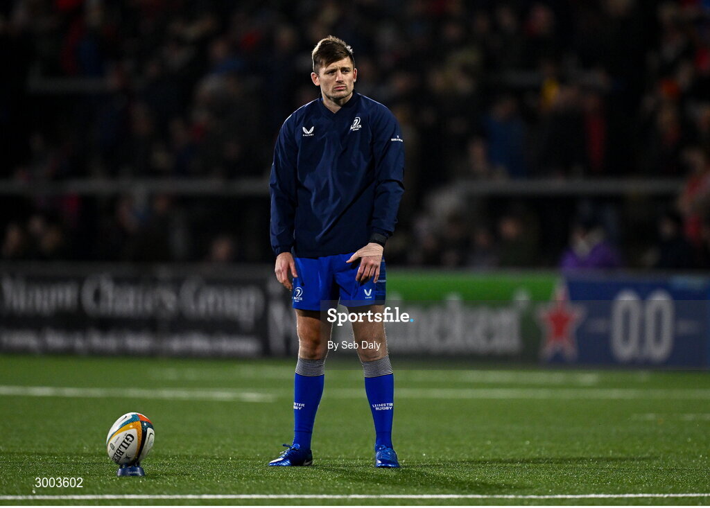 29 November 2024; Ross Byrne of Leinster before the United Rugby Championship match between Ulster and Leinster at Kingspan Stadium in Belfast. Photo by Seb Daly/Sportsfile
