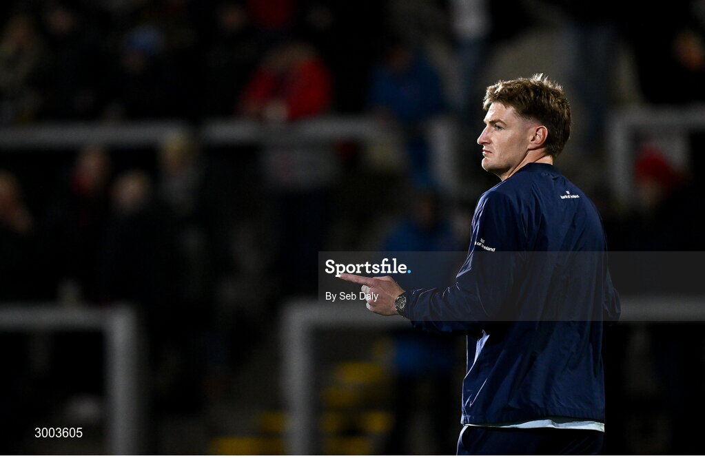 29 November 2024; Jordie Barrett of Leinster before the United Rugby Championship match between Ulster and Leinster at Kingspan Stadium in Belfast. Photo by Seb Daly/Sportsfile