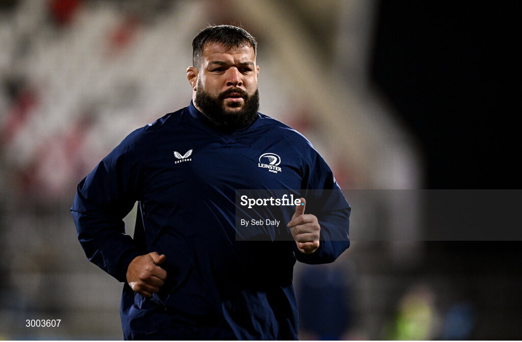 29 November 2024; Rabah Slimani of Leinster before the United Rugby Championship match between Ulster and Leinster at Kingspan Stadium in Belfast. Photo by Seb Daly/Sportsfile