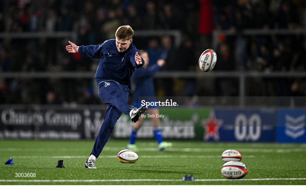 29 November 2024; Jordie Barrett of Leinster before the United Rugby Championship match between Ulster and Leinster at Kingspan Stadium in Belfast. Photo by Seb Daly/Sportsfile