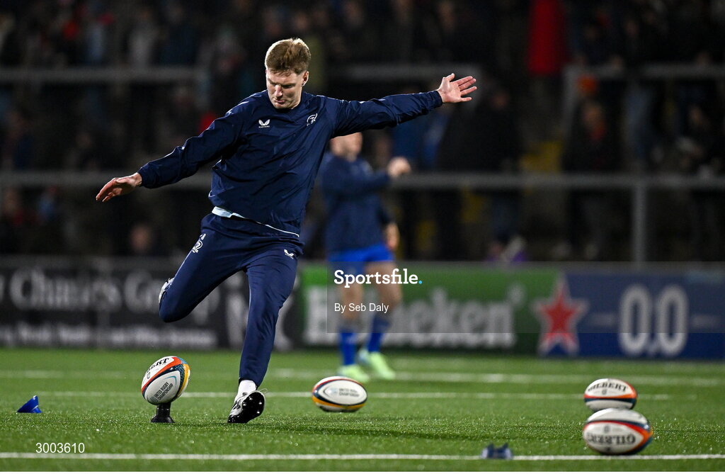 29 November 2024; Jordie Barrett of Leinster before the United Rugby Championship match between Ulster and Leinster at Kingspan Stadium in Belfast. Photo by Seb Daly/Sportsfile