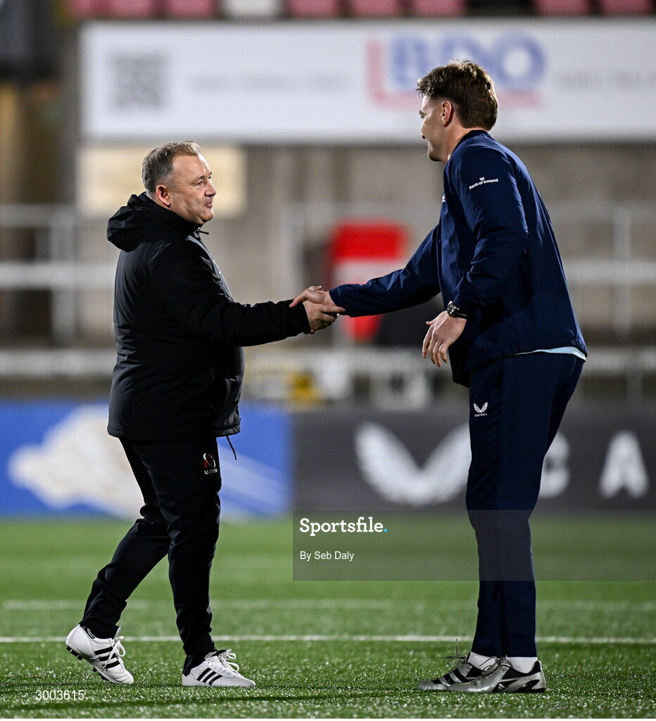 29 November 2024; Ulster head coach Richie Murphy, left, and Jordie Barrett of Leinster before the United Rugby Championship match between Ulster and Leinster at Kingspan Stadium in Belfast. Photo by Seb Daly/Sportsfile