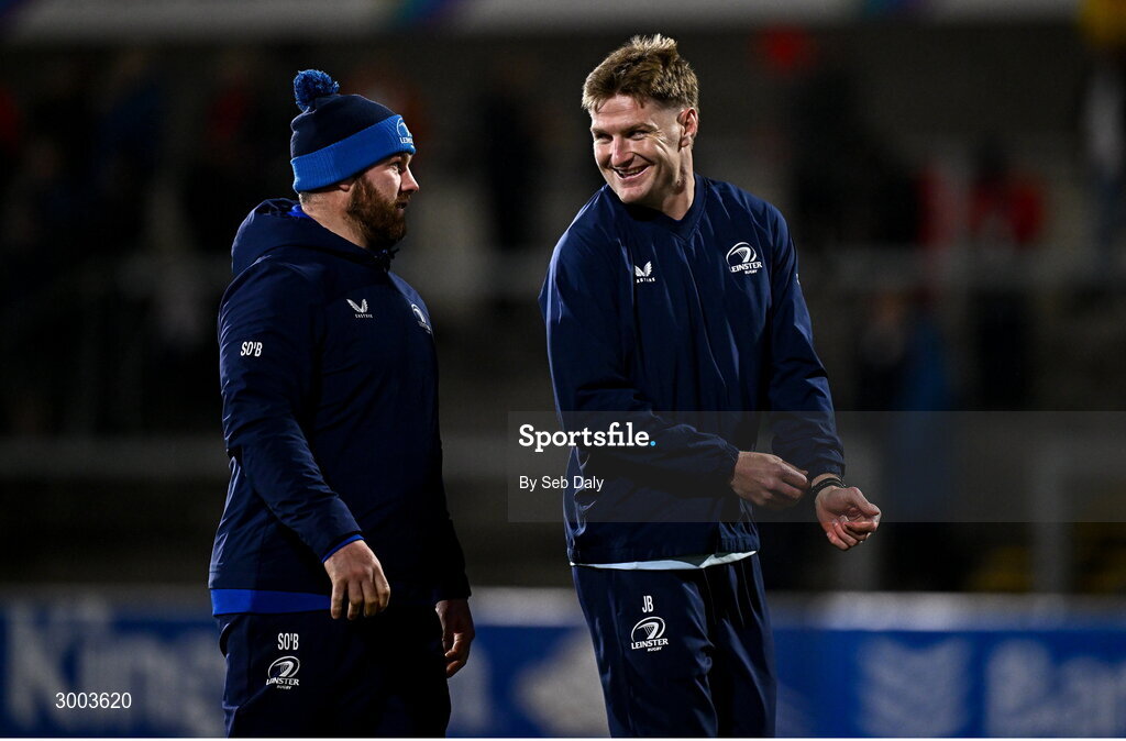 29 November 2024; Leinster contact skills coach Sean O'Brien, left, and Jordie Barrett before the United Rugby Championship match between Ulster and Leinster at Kingspan Stadium in Belfast. Photo by Seb Daly/Sportsfile