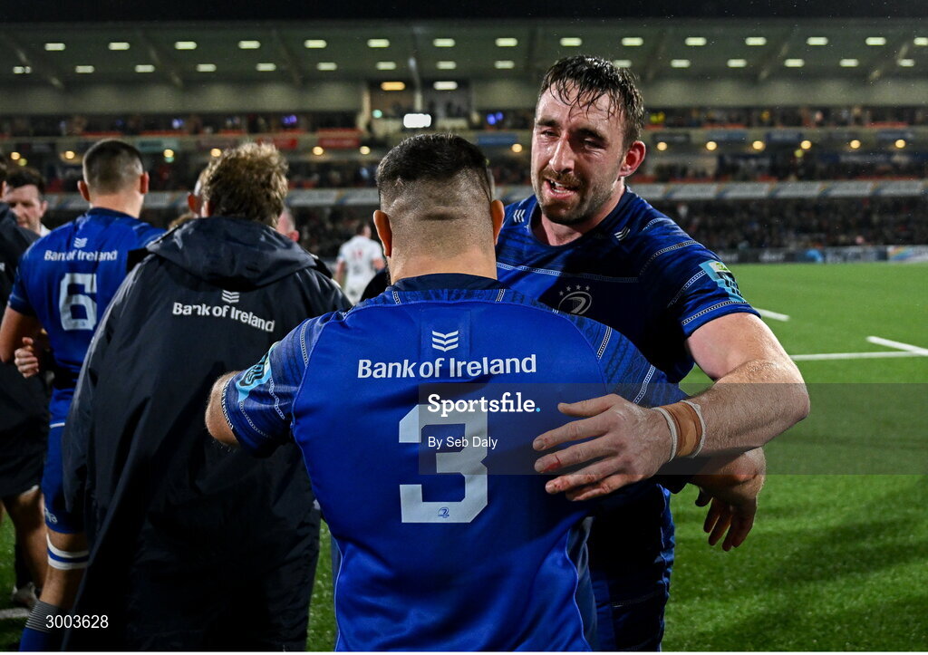 29 November 2024; Leinster players Jack Conan, right, and Rabah Slimani after the United Rugby Championship match between Ulster and Leinster at Kingspan Stadium in Belfast. Photo by Seb Daly/Sportsfile