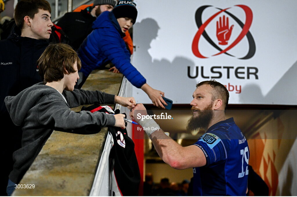 29 November 2024; RG Snyman of Leinster fist-bumps a supporter after the United Rugby Championship match between Ulster and Leinster at Kingspan Stadium in Belfast. Photo by Seb Daly/Sportsfile