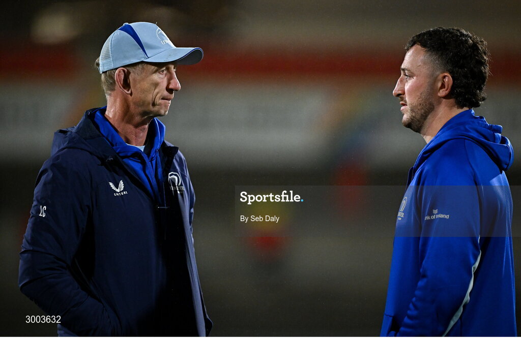 29 November 2024; Leinster head coach Leo Cullen, left, and Will Connors before the United Rugby Championship match between Ulster and Leinster at Kingspan Stadium in Belfast. Photo by Seb Daly/Sportsfile