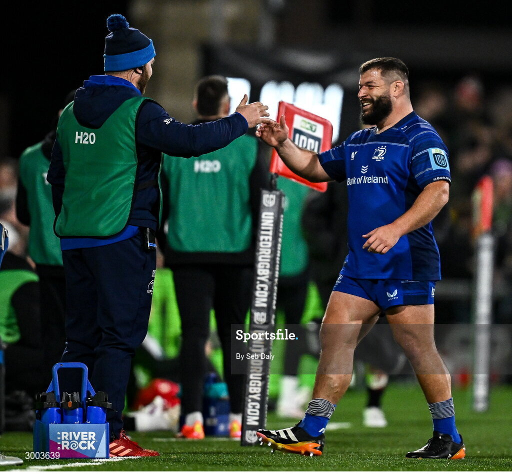 29 November 2024; Rabah Slimani of Leinster is congratulated by contact skills coach Sean O'Brien after coming off the pitch during a substitution during the United Rugby Championship match between Ulster and Leinster at Kingspan Stadium in Belfast. Photo by Seb Daly/Sportsfile