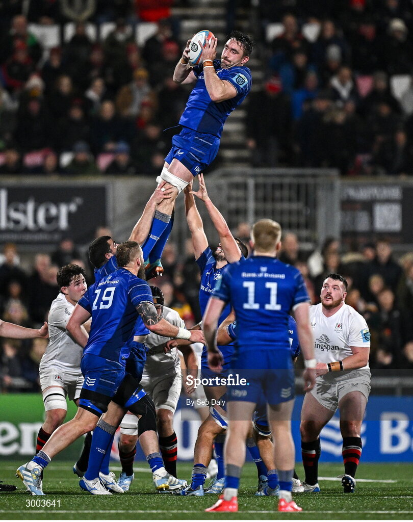 29 November 2024; Jack Conan of Leinster takes possession in a lineout during the United Rugby Championship match between Ulster and Leinster at Kingspan Stadium in Belfast. Photo by Seb Daly/Sportsfile