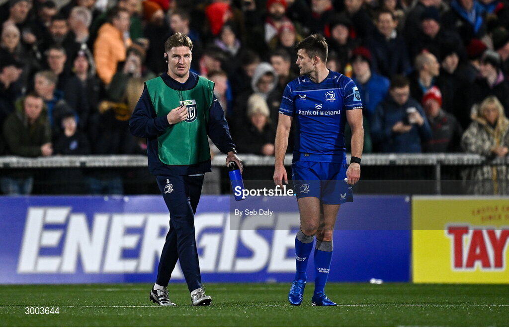 29 November 2024; Leinster players Jordie Barrett, left, and Ross Byrne during the United Rugby Championship match between Ulster and Leinster at Kingspan Stadium in Belfast. Photo by Seb Daly/Sportsfile