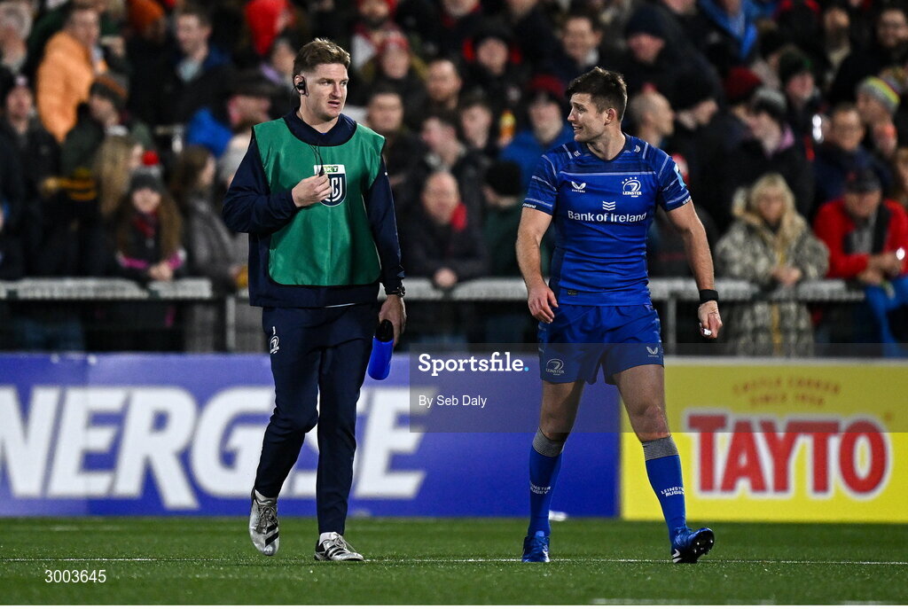 29 November 2024; Leinster players Jordie Barrett, left, and Ross Byrne during the United Rugby Championship match between Ulster and Leinster at Kingspan Stadium in Belfast. Photo by Seb Daly/Sportsfile