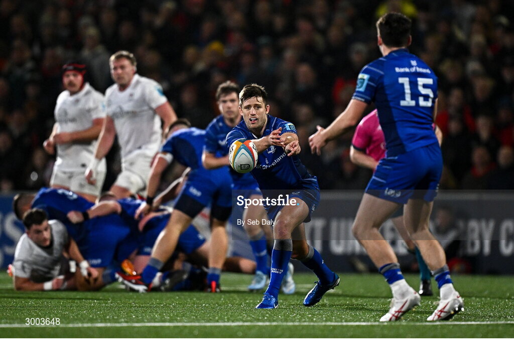 29 November 2024; Ross Byrne of Leinster during the United Rugby Championship match between Ulster and Leinster at Kingspan Stadium in Belfast. Photo by Seb Daly/Sportsfile