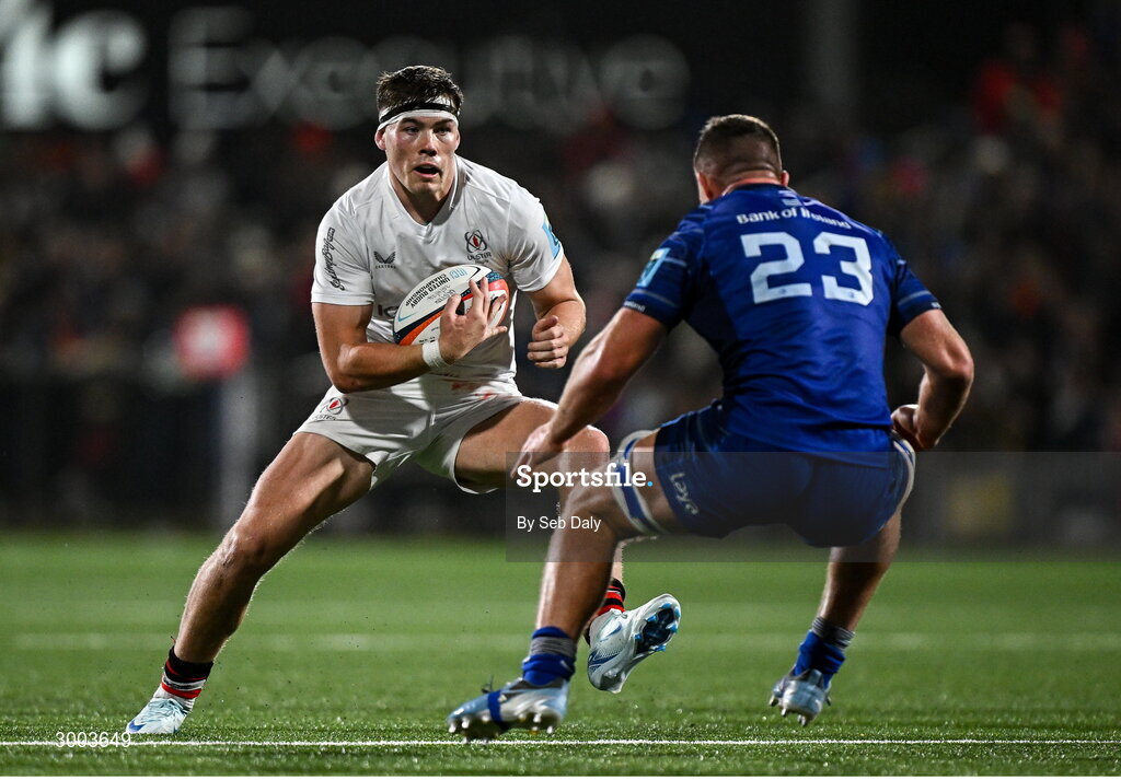 29 November 2024; Jude Postlethwaite of Ulster in action against Scott Penny of Leinster during the United Rugby Championship match between Ulster and Leinster at Kingspan Stadium in Belfast. Photo by Seb Daly/Sportsfile