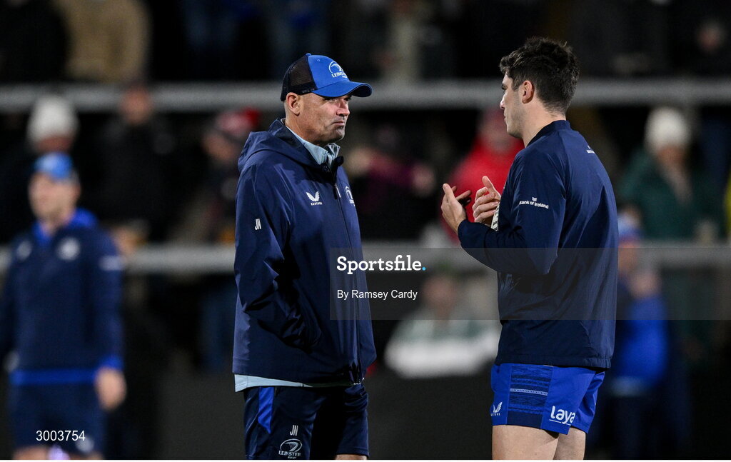 29 November 2024; Leinster senior coach Jacques Nienaber and Jimmy O'Brien of Leinster before the United Rugby Championship match between Ulster and Leinster at Kingspan Stadium in Belfast. Photo by Ramsey Cardy/Sportsfile