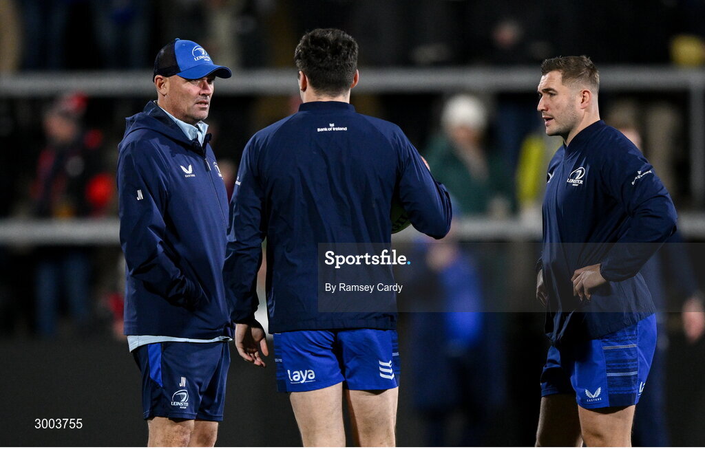 29 November 2024; Leinster senior coach Jacques Nienaber and Jimmy O'Brien, centre, and Jordan Larmour of Leinster before the United Rugby Championship match between Ulster and Leinster at Kingspan Stadium in Belfast. Photo by Ramsey Cardy/Sportsfile