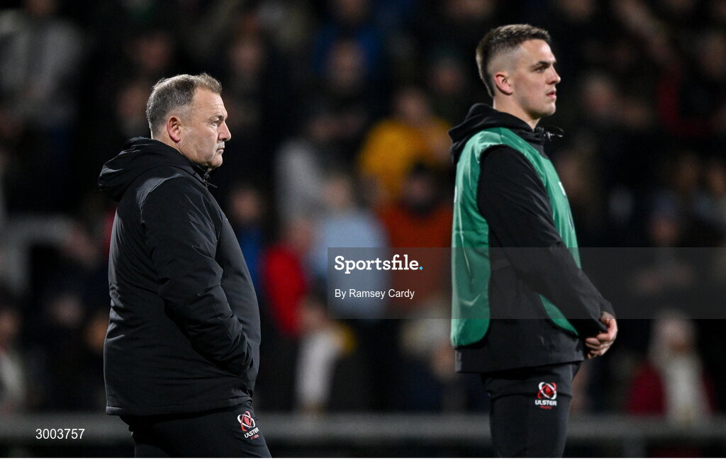 29 November 2024; Ulster head coach Richie Murphy, left, and James Hume before the United Rugby Championship match between Ulster and Leinster at Kingspan Stadium in Belfast. Photo by Ramsey Cardy/Sportsfile
