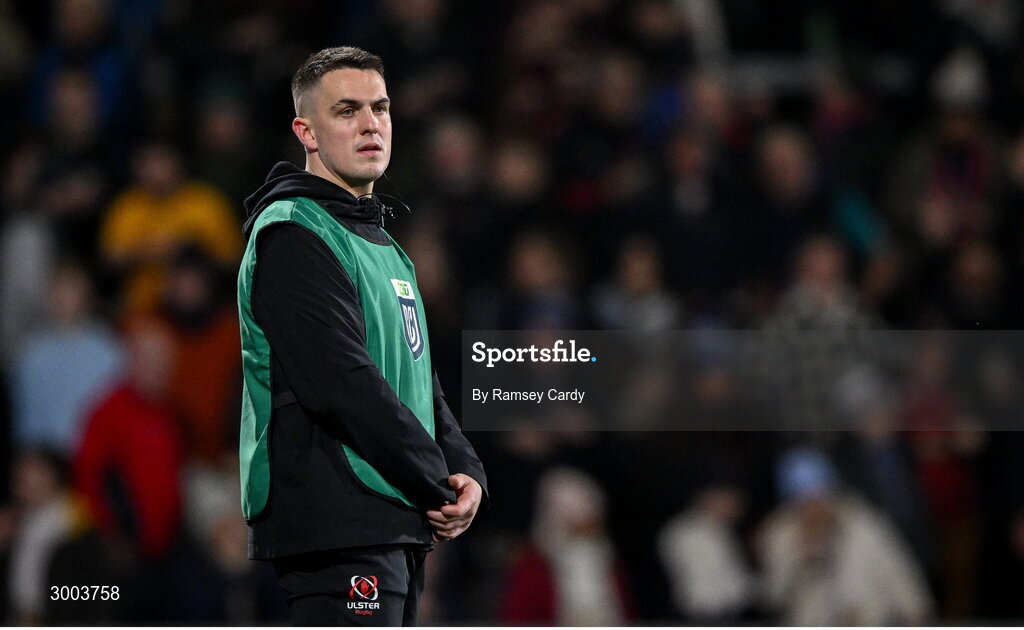 29 November 2024; James Hume of Ulster before the United Rugby Championship match between Ulster and Leinster at Kingspan Stadium in Belfast. Photo by Ramsey Cardy/Sportsfile