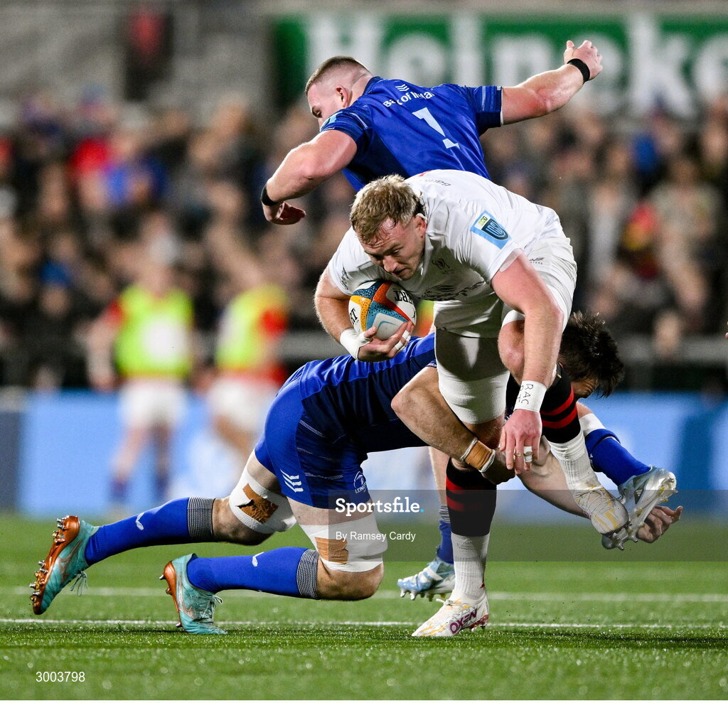 29 November 2024; Kieran Treadwell of Ulster is tackled by Jack Conan of Leinster during the United Rugby Championship match between Ulster and Leinster at Kingspan Stadium in Belfast. Photo by Ramsey Cardy/Sportsfile