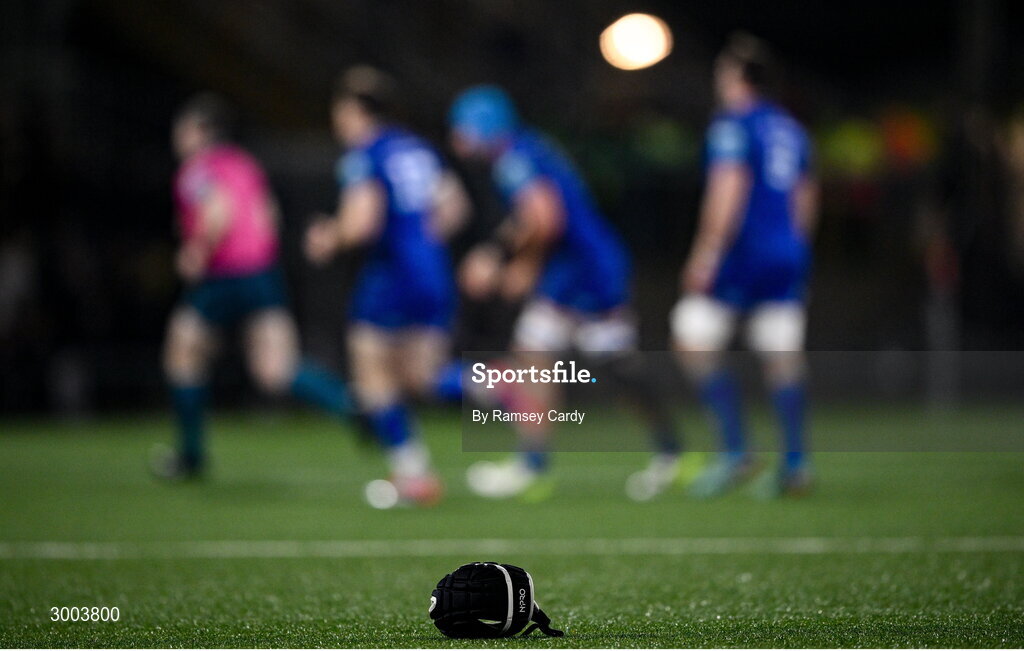 29 November 2024; A headguard lies on the pitch during the United Rugby Championship match between Ulster and Leinster at Kingspan Stadium in Belfast. Photo by Ramsey Cardy/Sportsfile