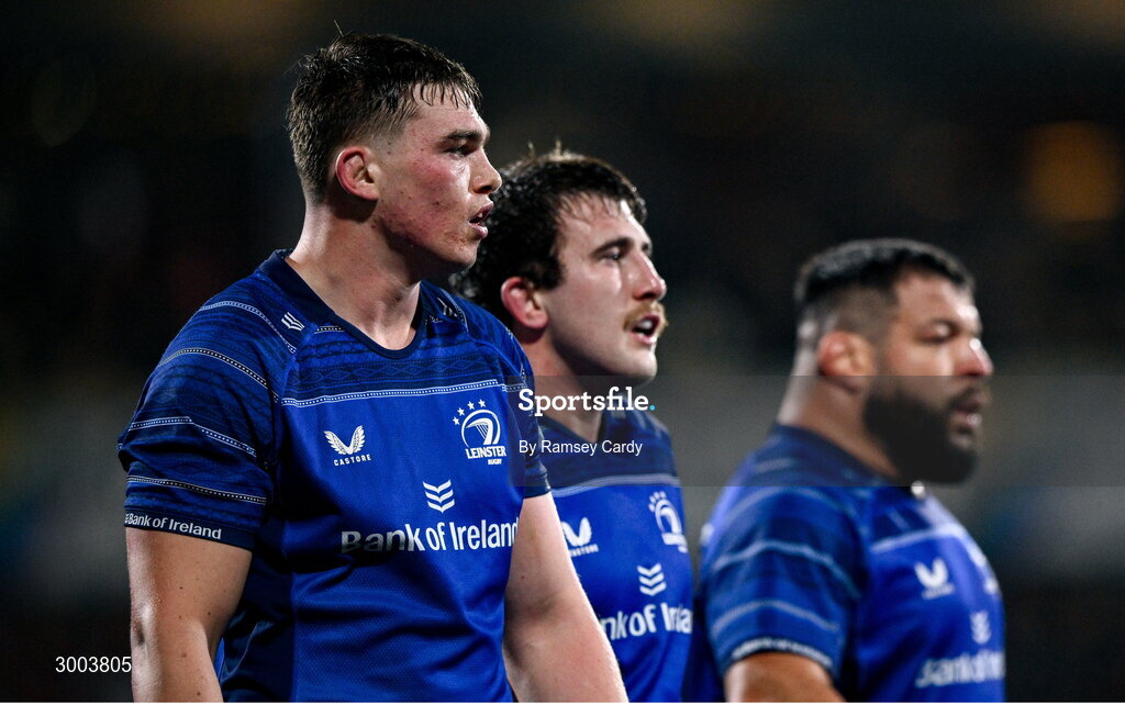 29 November 2024; Diarmuid Mangan, John McKee and Rabah Slimani of Leinster during the United Rugby Championship match between Ulster and Leinster at Kingspan Stadium in Belfast. Photo by Ramsey Cardy/Sportsfile