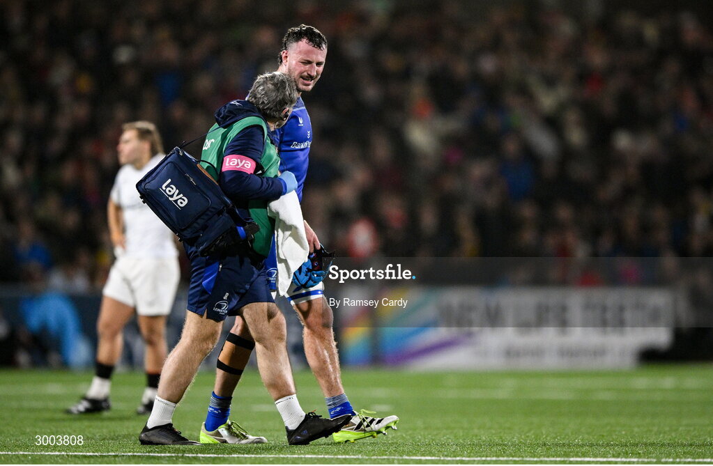 29 November 2024; Will Connors of Leinster leaves the pitch with an injury during the United Rugby Championship match between Ulster and Leinster at Kingspan Stadium in Belfast. Photo by Ramsey Cardy/Sportsfile