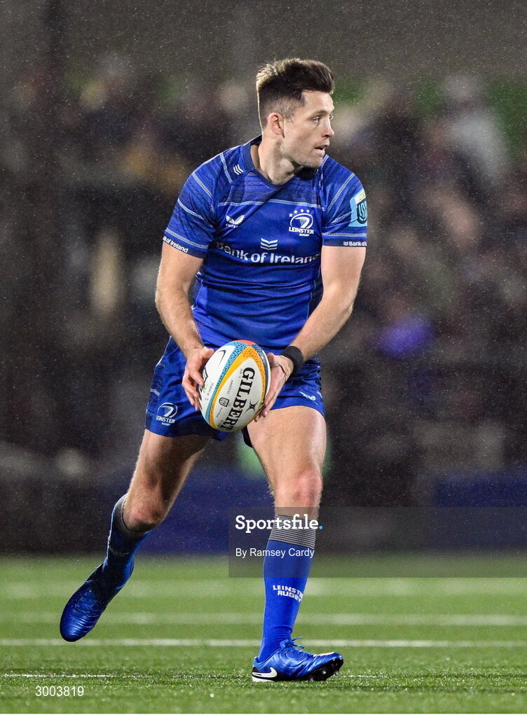 29 November 2024; Ross Byrne of Leinster during the United Rugby Championship match between Ulster and Leinster at Kingspan Stadium in Belfast. Photo by Ramsey Cardy/Sportsfile