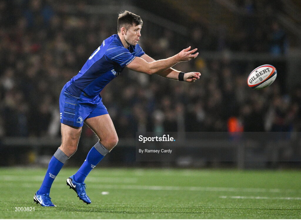 29 November 2024; Ross Byrne of Leinster during the United Rugby Championship match between Ulster and Leinster at Kingspan Stadium in Belfast. Photo by Ramsey Cardy/Sportsfile
