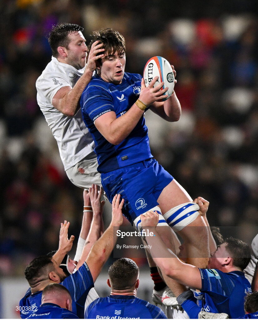 29 November 2024; Brian Deeny of Leinster and Alan O'Connor of Ulster during the United Rugby Championship match between Ulster and Leinster at Kingspan Stadium in Belfast. Photo by Ramsey Cardy/Sportsfile