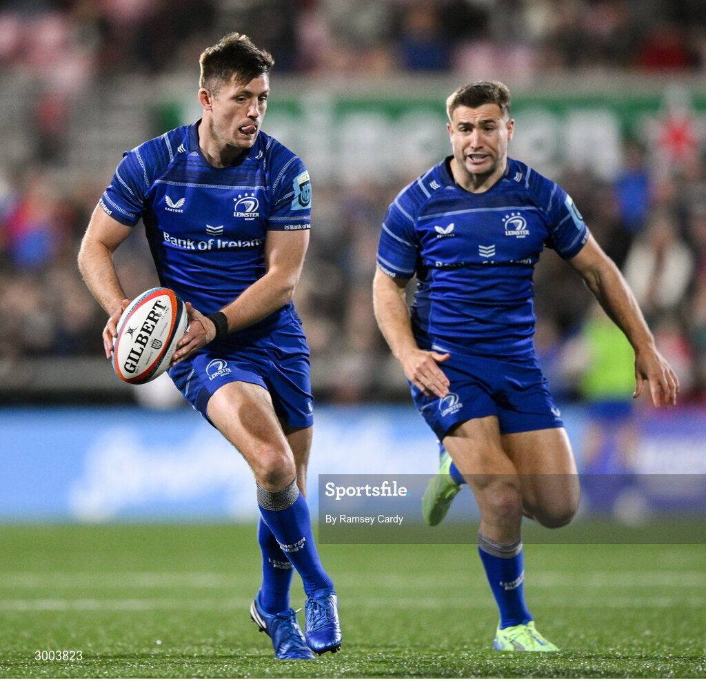 29 November 2024; Ross Byrne, left, and Jordan Larmour of Leinster during the United Rugby Championship match between Ulster and Leinster at Kingspan Stadium in Belfast. Photo by Ramsey Cardy/Sportsfile