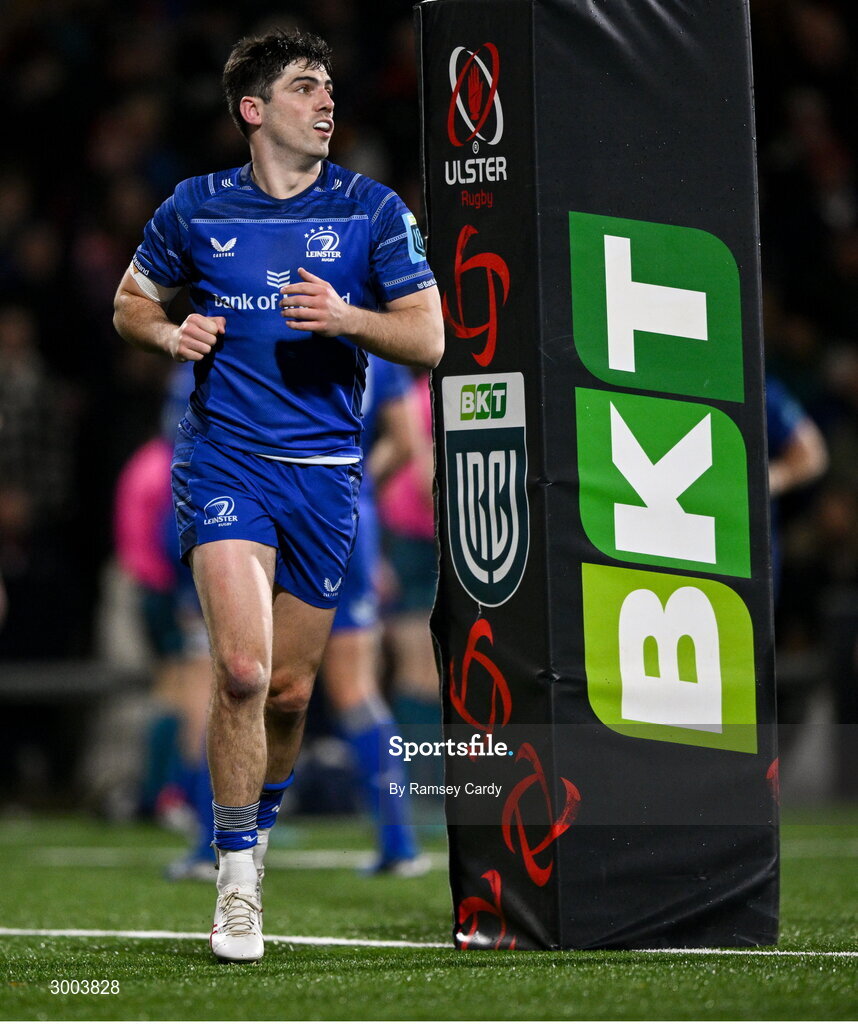 29 November 2024; Jimmy O'Brien of Leinster during the United Rugby Championship match between Ulster and Leinster at Kingspan Stadium in Belfast. Photo by Ramsey Cardy/Sportsfile