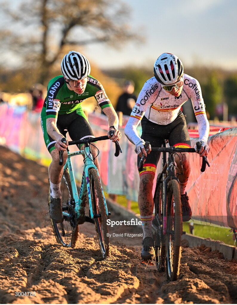 1 December 2024; Ryan Daly of Ireland, left, and Sergio Gamez Ferrer of Spain during the Men's U19 race at the UCI Cyclo-cross World Cup on the Sport Ireland Campus in Dublin. Photo by David Fitzgerald/Sportsfile