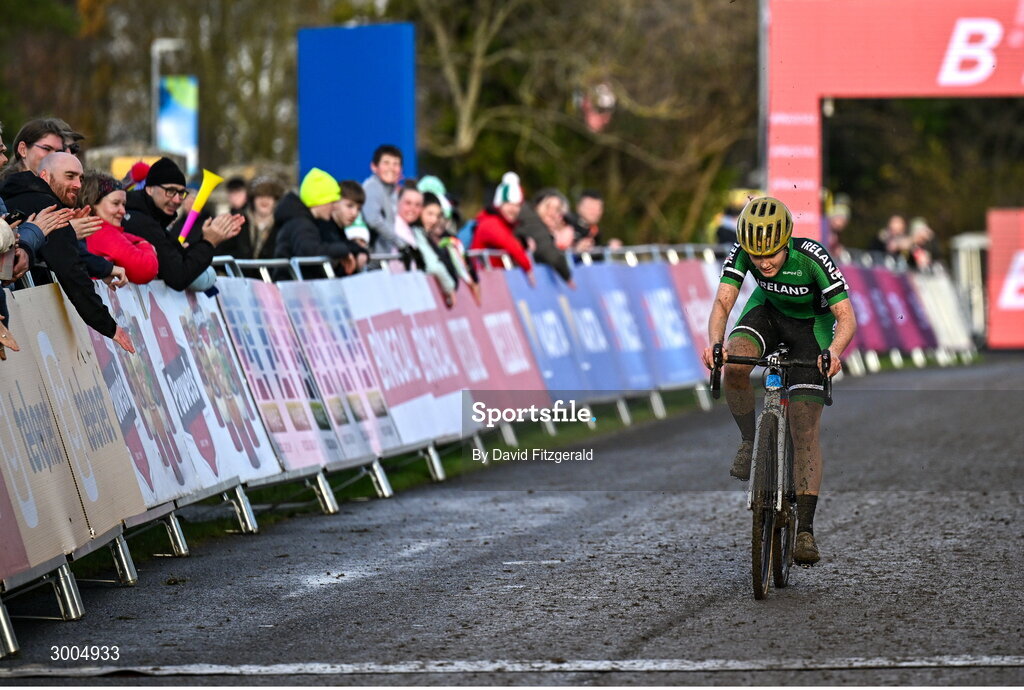 1 December 2024; Greta Lawless of Ireland crosses the finish line in the Women's U19 race at the UCI Cyclo-cross World Cup on the Sport Ireland Campus in Dublin. Photo by David Fitzgerald/Sportsfile Photo by David Fitzgerald/Sportsfile