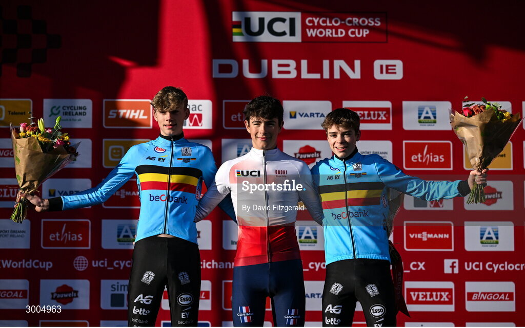 1 December 2024; The Men's U19 podium, race winner Soren Bruyère Joumard of France, centre, second place Giel Lejeune of Belgium, left, and third place Lennes Jacobs of Belgium, at the UCI Cyclo-cross World Cup on the Sport Ireland Campus in Dublin. Photo by David Fitzgerald/Sportsfile