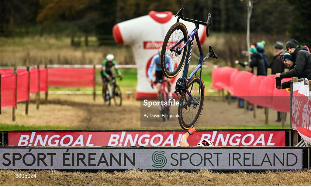1 December 2024; Senna Remijn of Netherlands falls during the Men's U23 race at the UCI Cyclo-cross World Cup on the Sport Ireland Campus in Dublin. Photo by David Fitzgerald/Sportsfile