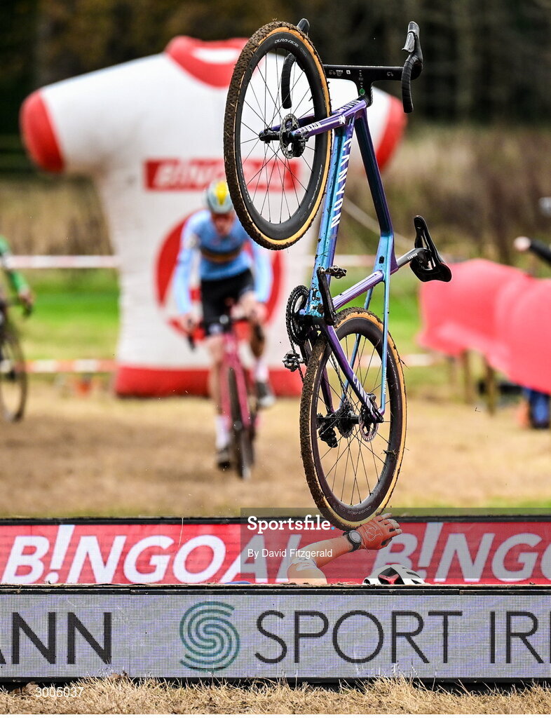 1 December 2024; Senna Remijn of Netherlands falls during the Men's U23 race at the UCI Cyclo-cross World Cup on the Sport Ireland Campus in Dublin. Photo by David Fitzgerald/Sportsfile