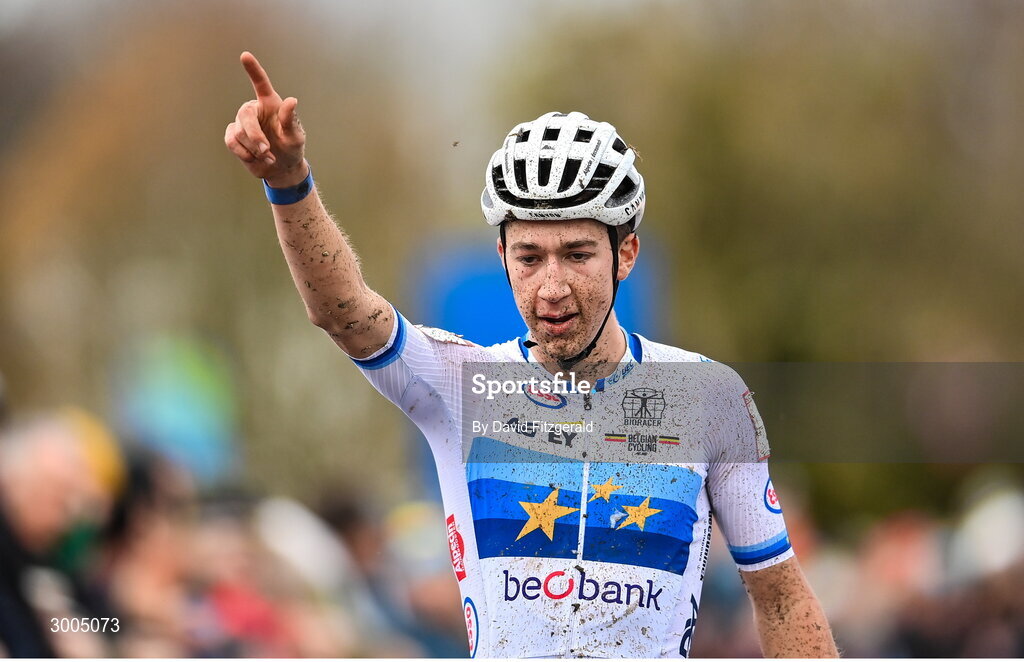 1 December 2024; Jente Michels of Belgium celebrates winning the Men's U23 race at the UCI Cyclo-cross World Cup on the Sport Ireland Campus in Dublin. Photo by David Fitzgerald/Sportsfile