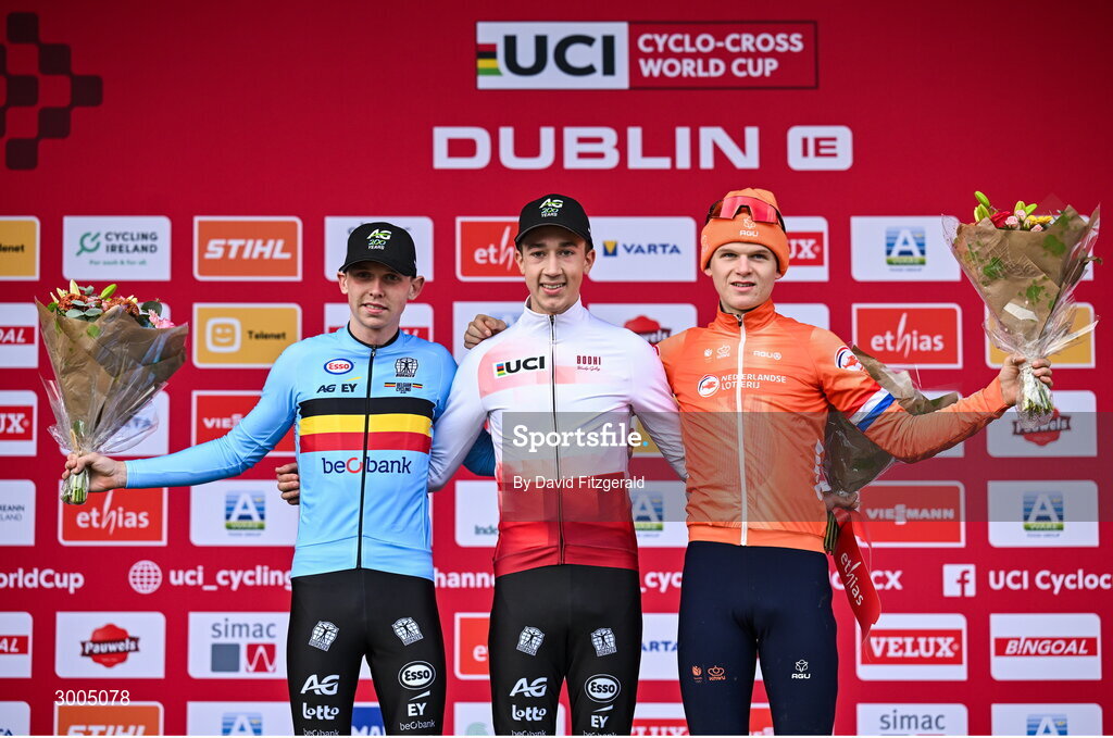 1 December 2024; On the Men's U23 podium, race winner Jente Michels of Belgium, centre, second place Aaron Dockx of Belgium, left, and third place David Haverdings of Netherlands at the UCI Cyclo-cross World Cup on the Sport Ireland Campus in Dublin. Photo by David Fitzgerald/Sportsfile