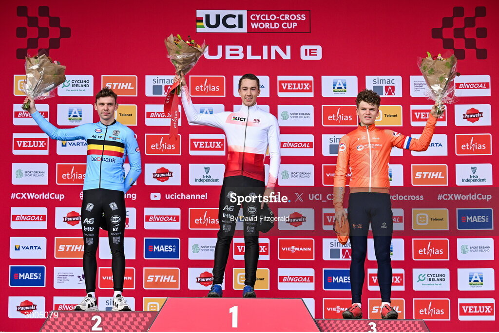 1 December 2024; On the Men's U23 podium, race winner Jente Michels of Belgium, centre, second place Aaron Dockx of Belgium, left, and third place David Haverdings of Netherlands at the UCI Cyclo-cross World Cup on the Sport Ireland Campus in Dublin. Photo by David Fitzgerald/Sportsfile