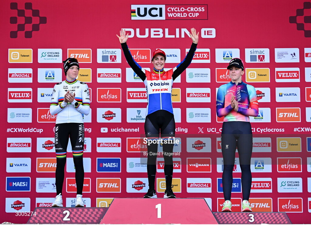 1 December 2024; On the podium after the Women's Elite race, race winner Lucinda Brown of Netherlands, centre, second place Fem van Empel of Netherlands, left, and third place Zoe Backstedt of Great Britain, at the UCI Cyclo-cross World Cup on the Sport Ireland Campus in Dublin. Photo by David Fitzgerald/Sportsfile